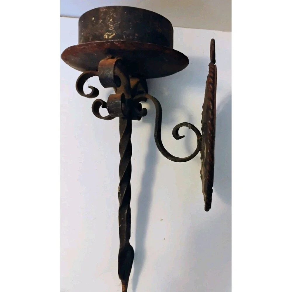 Vtg Wrought Iron Wall Candle Sconce Pillar Holder Twisted Gothic Spanish Revival